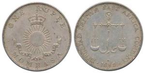 Mombasa, Silver Rupee, 11.64g, 1888 H. Nice toning and mint lusture, Extremely Fine.