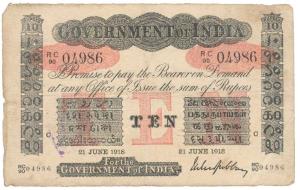 Government of India, Uniface, Rupees 10, red under print, Calcutta circle, signed M. M. S.
