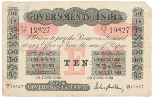 Government of India, Uniface, Rupees 10, red under print, signed M. M. S. Gubbay, 30 June 