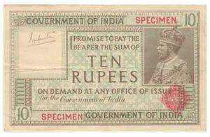 George V, Rupees 10, 1st issue, 1928, SPECIMEN, red overprint Specimen written in place of