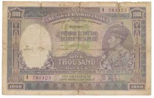George VI, Rupees 1000, 1st issue, 1938, Bombay, signed J. B. Taylor, (J&R 8.1A). Good.