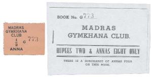 Madras Gymkhana Club, chit number G (stamped 773) for ½ Anna, together with photocopy of c