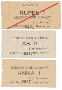 WWII, Residency Club, Lucknow, chit Book No.3422, One Rupee cover, chits, One Anna and 2 A
