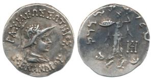 Indo-Greeks, Menander I, Silver Drachm, 2.4g, Bilingual series, obv. diademed and draped b