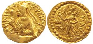 Kushanas, Huvishka (c. 158-195 AD), Gold ¼ Dinar, 1.98g, obv. nimbate, diademed and crowne