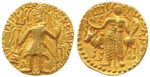 Kushanas, Vasudeva II (290-310 AD), Gold Dinar, 7.8g, Mint I (A), obv. king standing facin
