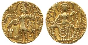 Kushanas, Shaka, Gold Dinar, 7.78g, king standing left, holding a trident in right hand, m