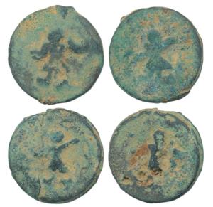 Puri Kushan, Copper (2), a man standing facing right with left hand raised to front, a cre
