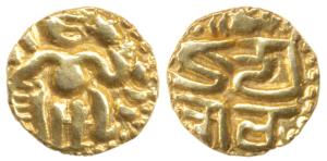 Imperial Cholas, Raja Raja I (AD 985-1014), Gold Fanam, 0.22g, king standing looking right