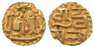 Imperial Cholas, Raja Raja I, Gold 1/8 Kahavanu, 0.47g, obv. two stylised vertical fish fl