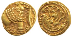 Western Gangas, Gold Gajapati Pagoda, 3.86g, obv. caparisoned elephant to right chewing su
