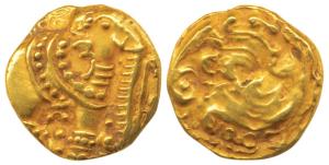 Western Gangas, Gold Gajapati Pagoda, 3.84g, obv. caparisoned elephant to right chewing su