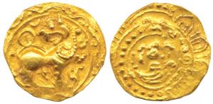 Kadambas of Hangal, Toyimadeva (1048-1075 AD), Gold Pagoda, 4.20g, lion advancing right wi