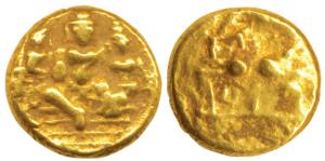 Vijayanagar, Tirumala Raya, Gold ½ Pagoda, 1.68g, Rama and Sita seated with Lakshmana stan