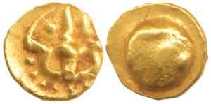 Shilaharas of Kolhapur, Gold, Double Fanam, 0.77g, trishul on obv. globule on rev. (Mitch 