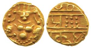 Nayakas of Chitradurga, Gold Durgi Pagoda, 3.26g, Krishna as Bal Gopala on obv., Nagari le