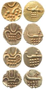 Veera Raya, Coorg, Gold Fanam (4), obv. stylized lion standing right with crescent above; 
