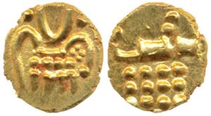 Veera Raya, Coorg Gold Fanam, 0.36g, obv. stylized lion standing right with crescent above