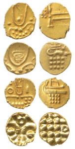 Veera Raya, Coorg, Gold Fanam (3), obv. stylized lion standing right with crescent above; 