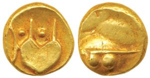 Anonymous, Hudki Gold Pagoda, obv. a boat like uncertain symbol; rev. possibly the Gol Gum