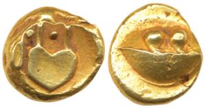 Anonymous, Hudki Gold Pagoda, 3.34g, obv. a boat like uncertain symbol; rev. possibly the 