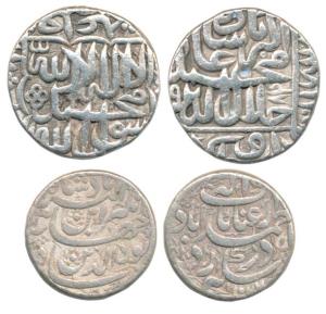 Jahangir, Silver Rupee, Ahmedabad Mint, Inayat couplet; Akbar, Silver Rupee, mint off flan