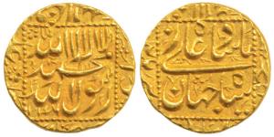 Shah Jahan, Gold Mohur, 10.91g, Burhanpur Mint, legend within square area, Kalima on obv.,