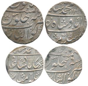 Muhammad Shah, Silver Rupee (2), Gwalior Mint, AH 1140/10 (2); Ahmed Shah Bahadur, Silver 
