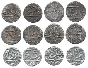 Jafarabad urf Chandor Mint, Silver Rupee, (6) in the name of Shah Alam II, usual floral sp