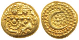 Haider Ali (AH 1174-1197, 1761-1782 AD), Gold Pagoda, 3.26g, Shiva and Parvati seated on o