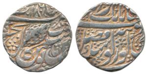 Amritsar Mint, Silver Rupee, 10.88g, error date VS 1806, Nanakshahi couplet, with a leaf o