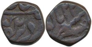 Muhammadabad Banaras Mint, Copper Falus, 10.06g, in the name of Shah Alam II, fish below R