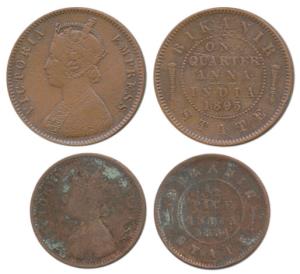Ganga Singh (VS 1944-1999, 1887-1942 AD), Copper ½ Pice and ¼ Anna, 1894 and 1895, with th