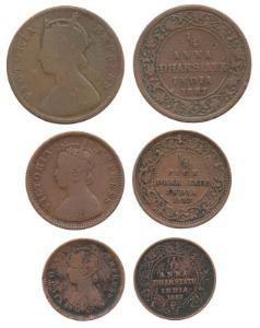 Copper ¼ Anna, ½ Pice and 1/12 Anna, Calcutta Mint, with the name and portrait of Victoria