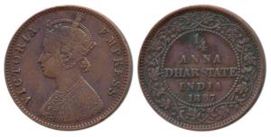 Copper ¼ Anna, 5.90g, Calcutta Mint, with the name and portrait of Victoria, 1887. Very Fi