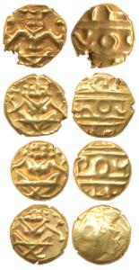 Krishna Raja Wodeyar, Gold Fanam (4), obv. seated Narasimha; rev. Kanarese legend, Kauthir