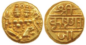 Krishna Raja Wodeyar, Gold Pagoda, 3.39g, Shiva and Parvati on obv., rulers name in Nagari