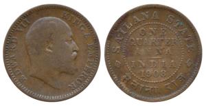 Jaswant Singh (1890-1918 AD), Copper ¼ Anna, 4.74g, with the name and portrait of Edward, 