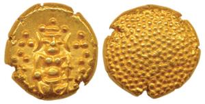 Negapatnam, Gold Pagoda, 3.40g, Lazy J with Lord Vishnu standing, facing front on obv., gr