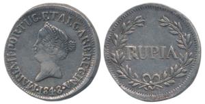 Goa, Maria II, Silver Rupia, 1847, Large Effigy, (KM 273). About Uncirculated, Very Rare i