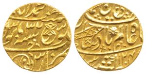 Muhammadabad Banaras Mint, Gold Mohur, 10.85g, in the name of Shah Alam II, fish, sun-burs