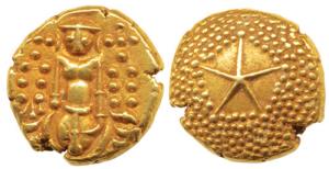 Star Gold Pagoda, 3.38g, single Swami (Balaji-Tirupati) standing facing front on obv.; sta