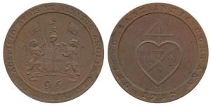 Copper ½ Dub or 1/96 Rupee, 6.86g, 1794, coat of arms of the EIC on obv., bale mark on rev