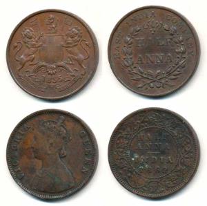 EIC and Victoria Queen, Copper ½ Anna, 1835 and 1862. About Very Fine to About Extremely F