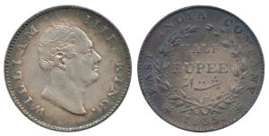 William IV, Silver ½ Rupee, 1835, F incuse, 20 Berries, two leaves. Very Fine+, Rare.