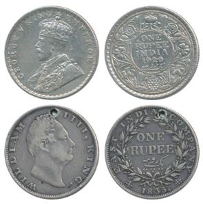 William IV and George V, Silver Rupee (2), 1835 and 1920. The first with hole, Fine to Ver