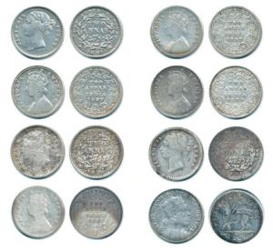 Victoria Queen and Empress, Silver 2 Annas, 1841 (3), 1877, 1897 and Ethopian 1895, 1/20 B