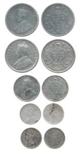 Victoria Queen and Empress, 2 Annas, 1841, divided legend, 1886; George V, Silver ½ and ¼ 