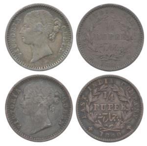 Victoria Queen, Silver ¼ Rupee, 1840, divided legend, WW incuse, 10 Berries. Very Fine. (2