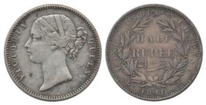 Victoria Queen, Silver ½ Rupee, 1840, divided legend, WW incuse, 24 Berries. Very Fine+, S
